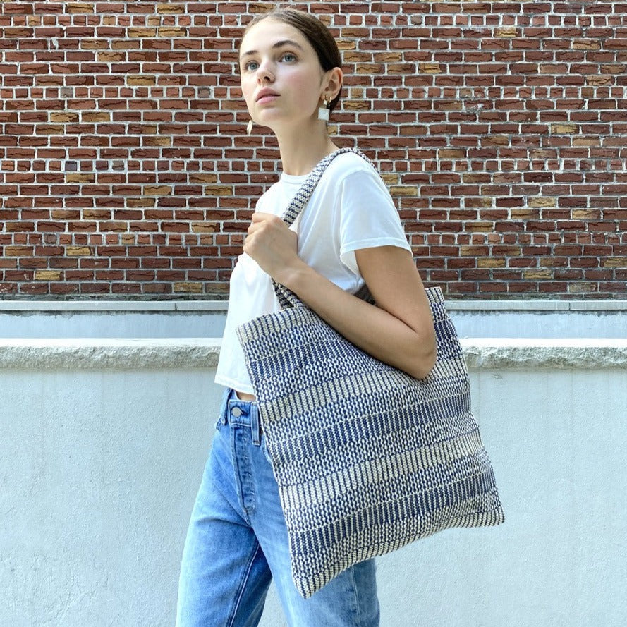 Daily Tote Bag, Blue & Off-White