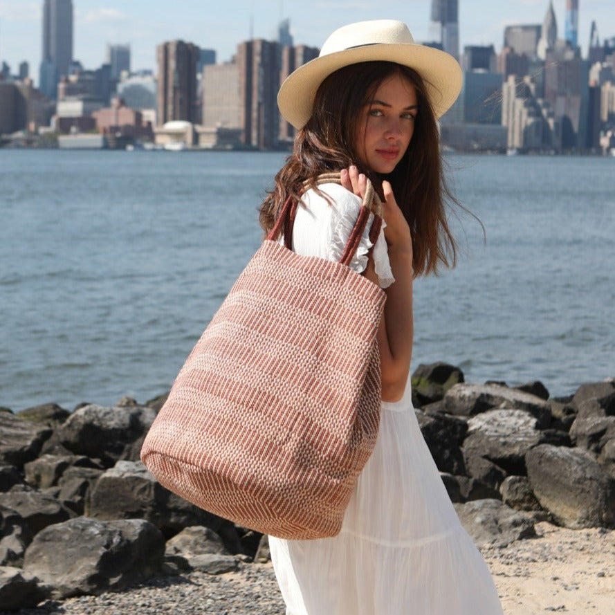 Oversized Jute Tote Bag, Brown & Off-White