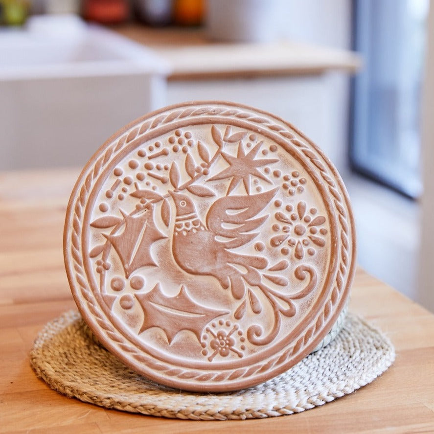 Round Bread Basket with Warming Stone, Bird & Leaves