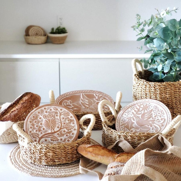 Oval BREAD BASKET WITH WARMING STONE, Bird & Leaves