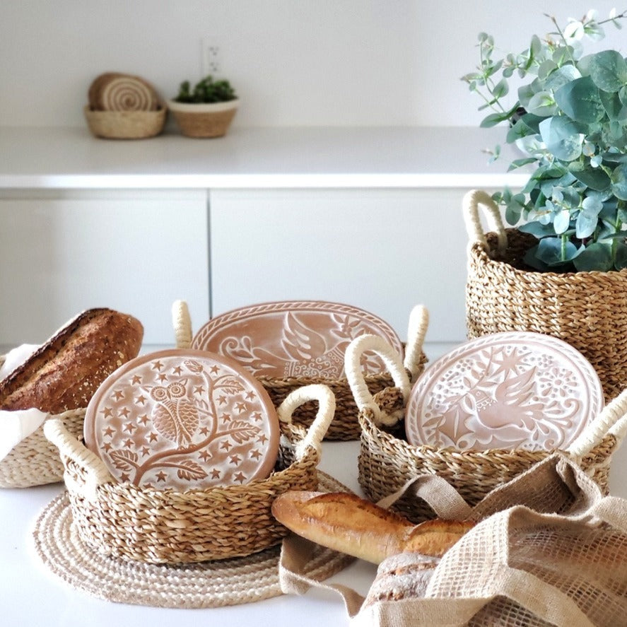 Round Bread Basket with Warming Stone, Bird & Leaves