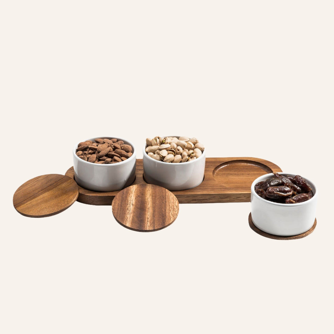 Condiment Serving Set, Acacia Wood & Ceramic