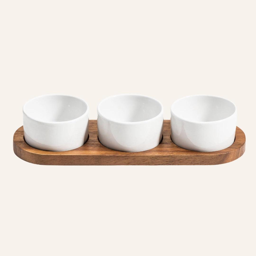 Condiment Serving Set, Acacia Wood & Ceramic