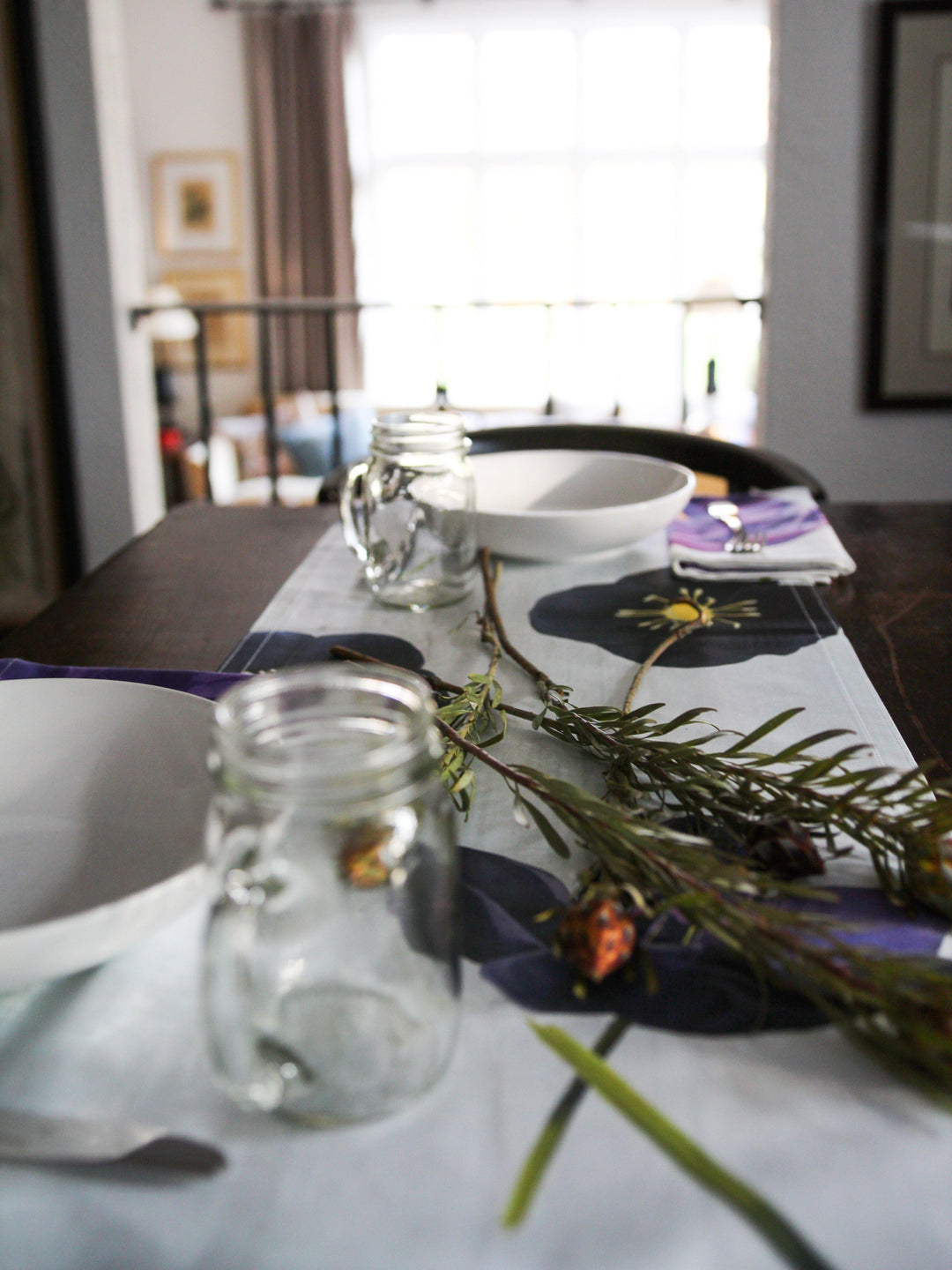 Table Runner, Black Flowers