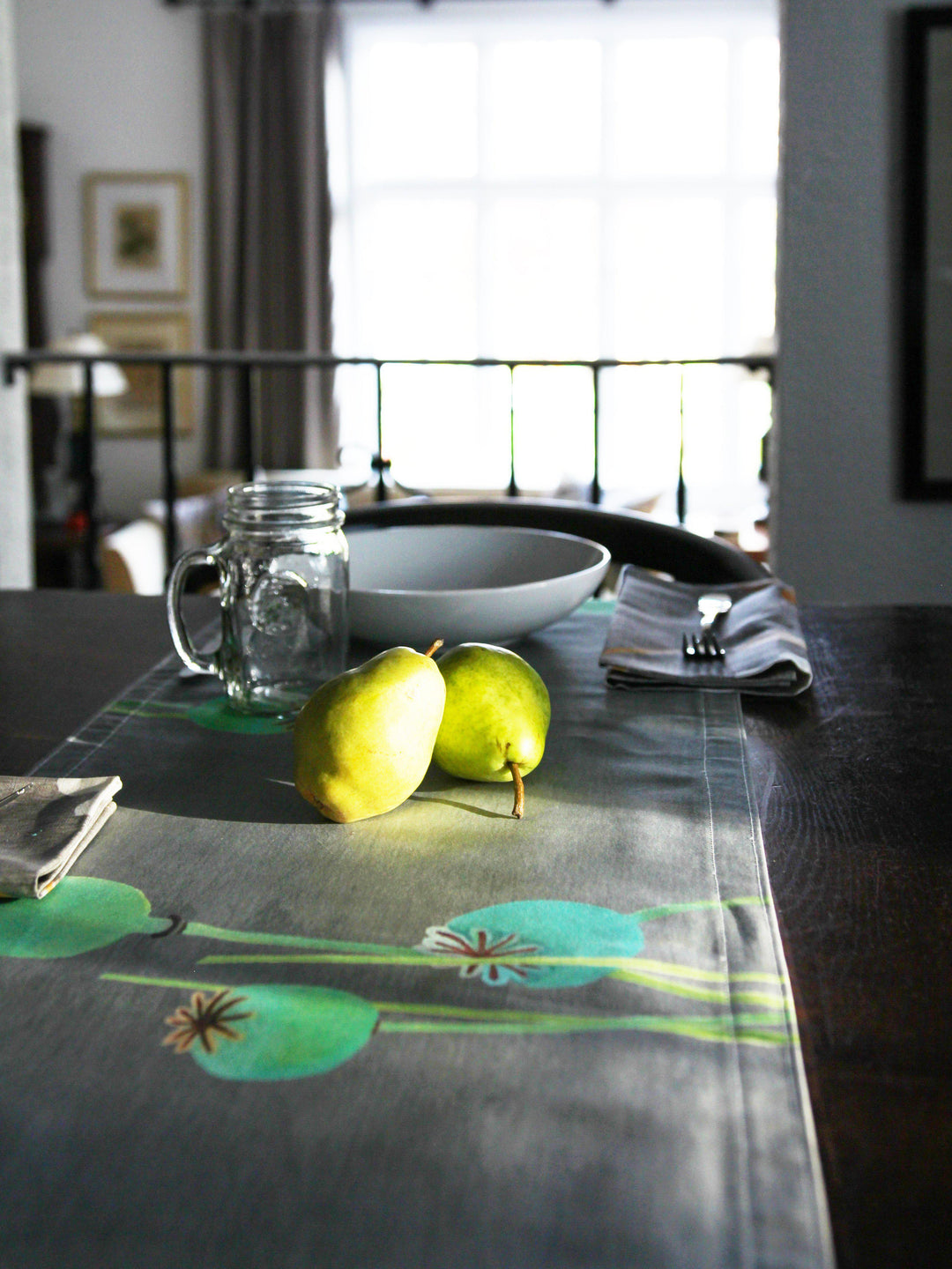 Table Runner, Poppy Pods on Grey