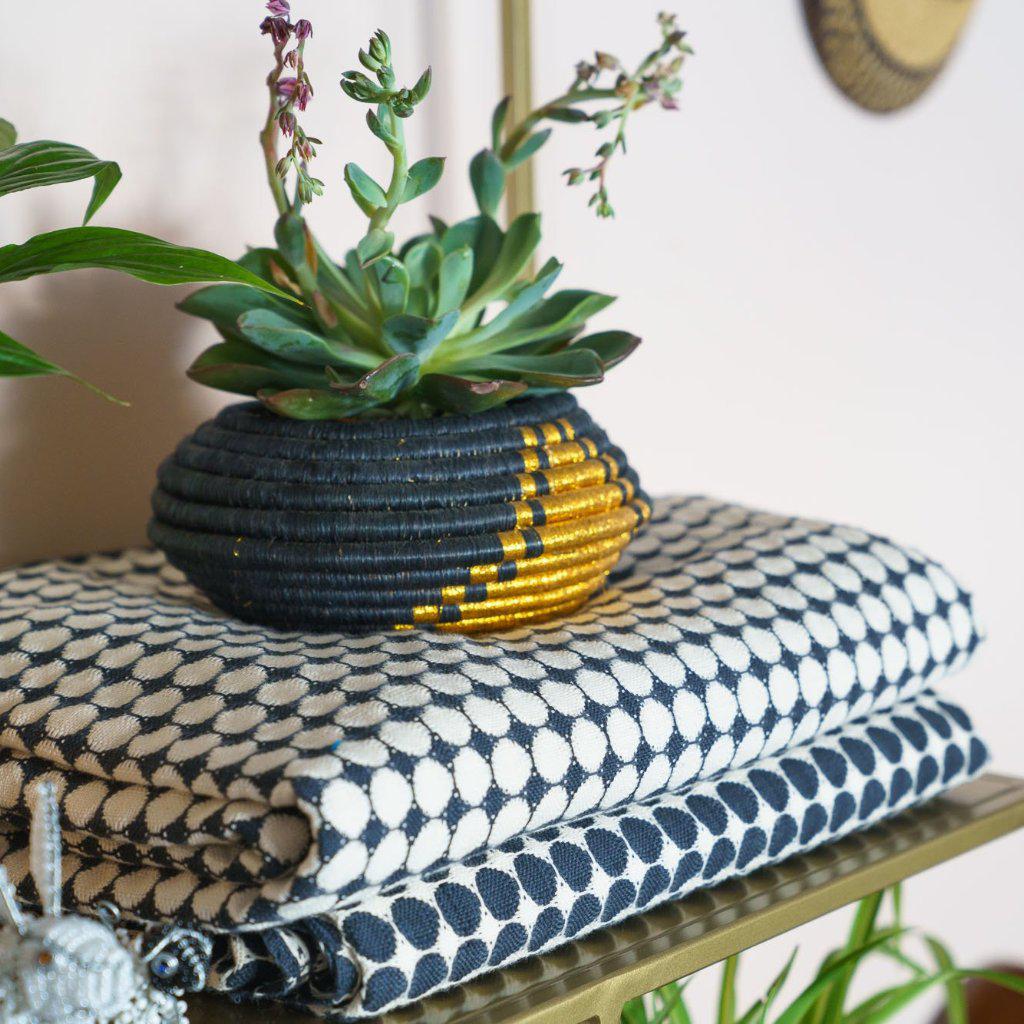 Handwoven Cotton Tanzanian Throw Blanket, Black Circles