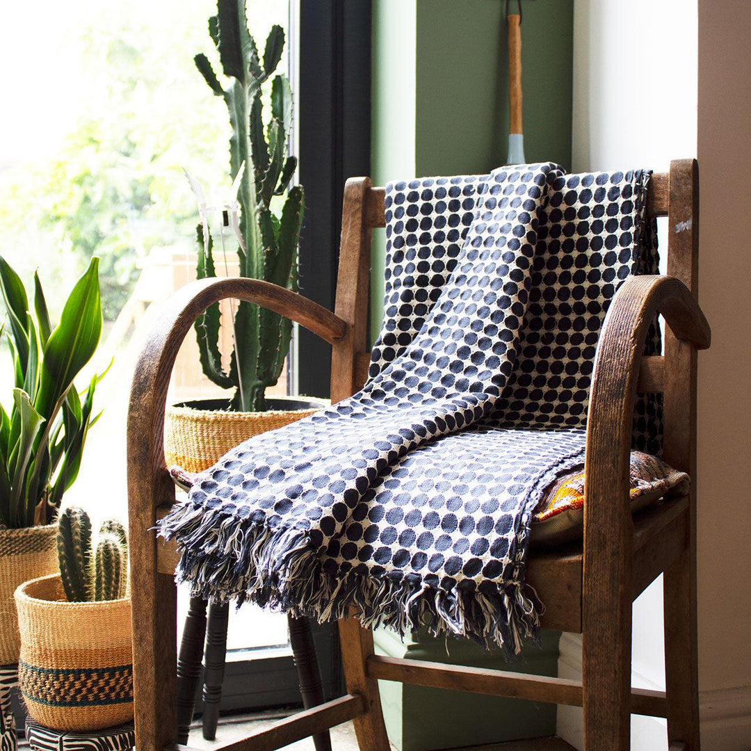 Handwoven Cotton Tanzanian Throw Blanket, Black Circles