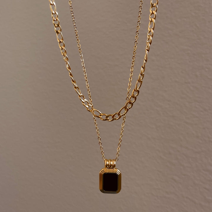 Layered Black Stone Necklace, 18K Gold Plated