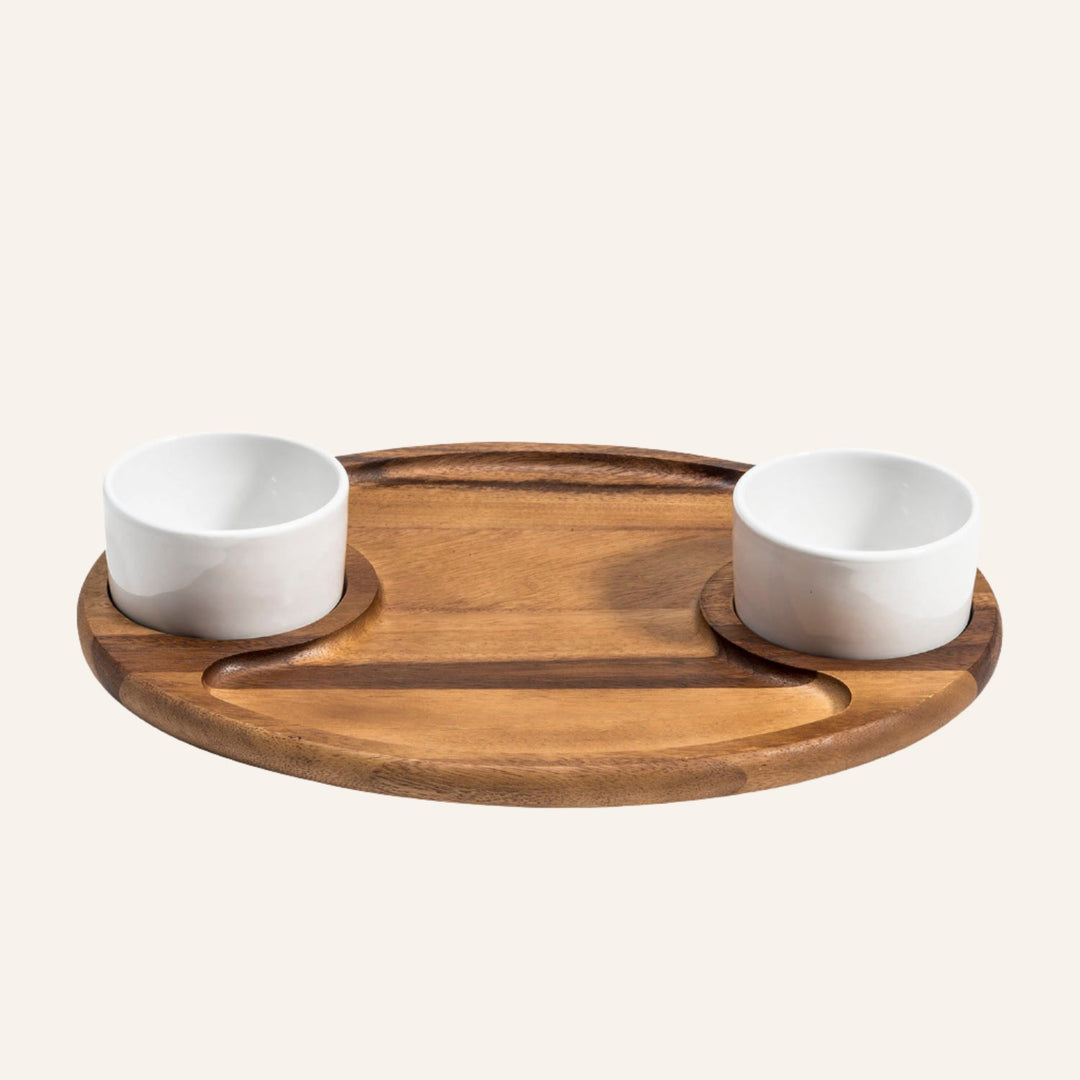 Acacia Wood Charcuterie Board, 2 Ceramic Dishes