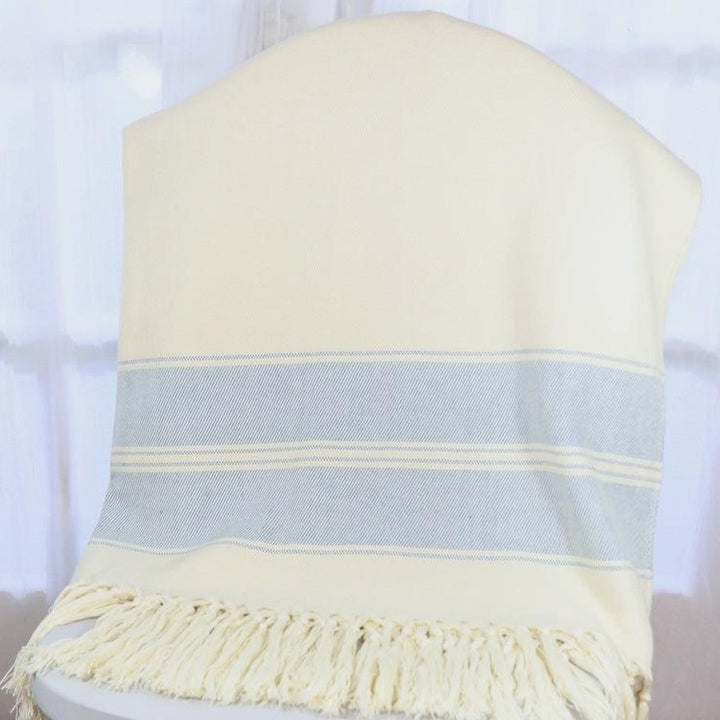 Handwoven Cotton Throw Blanket, Off-White with Blue Stripes