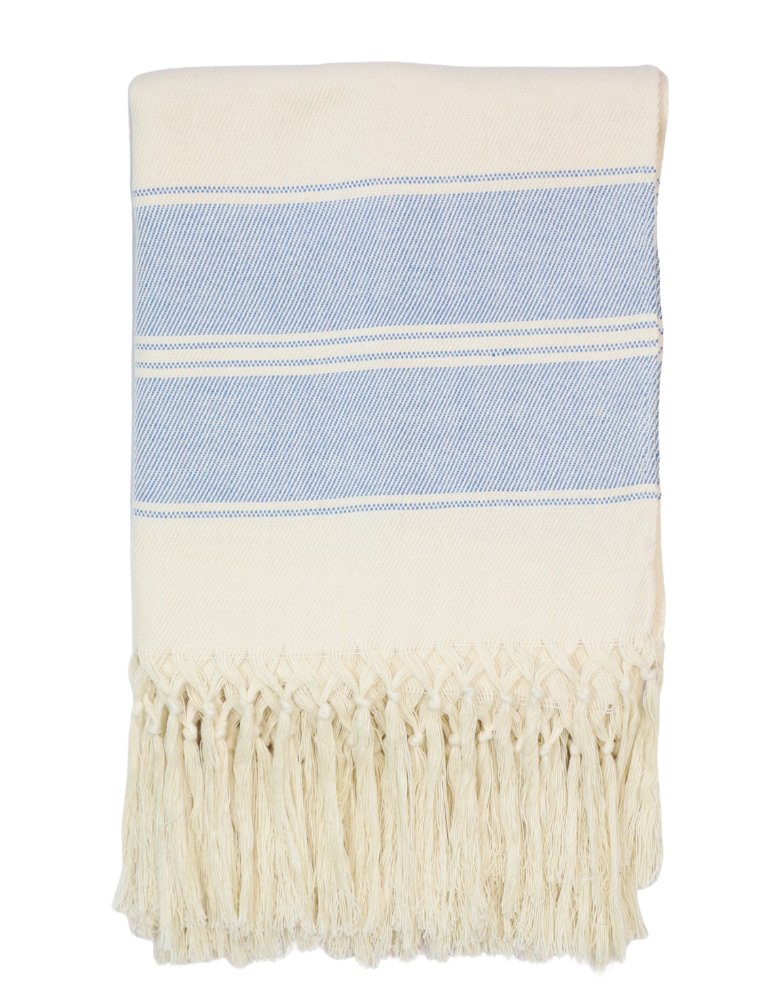 Handwoven Cotton Throw Blanket, Off-White with Blue Stripes